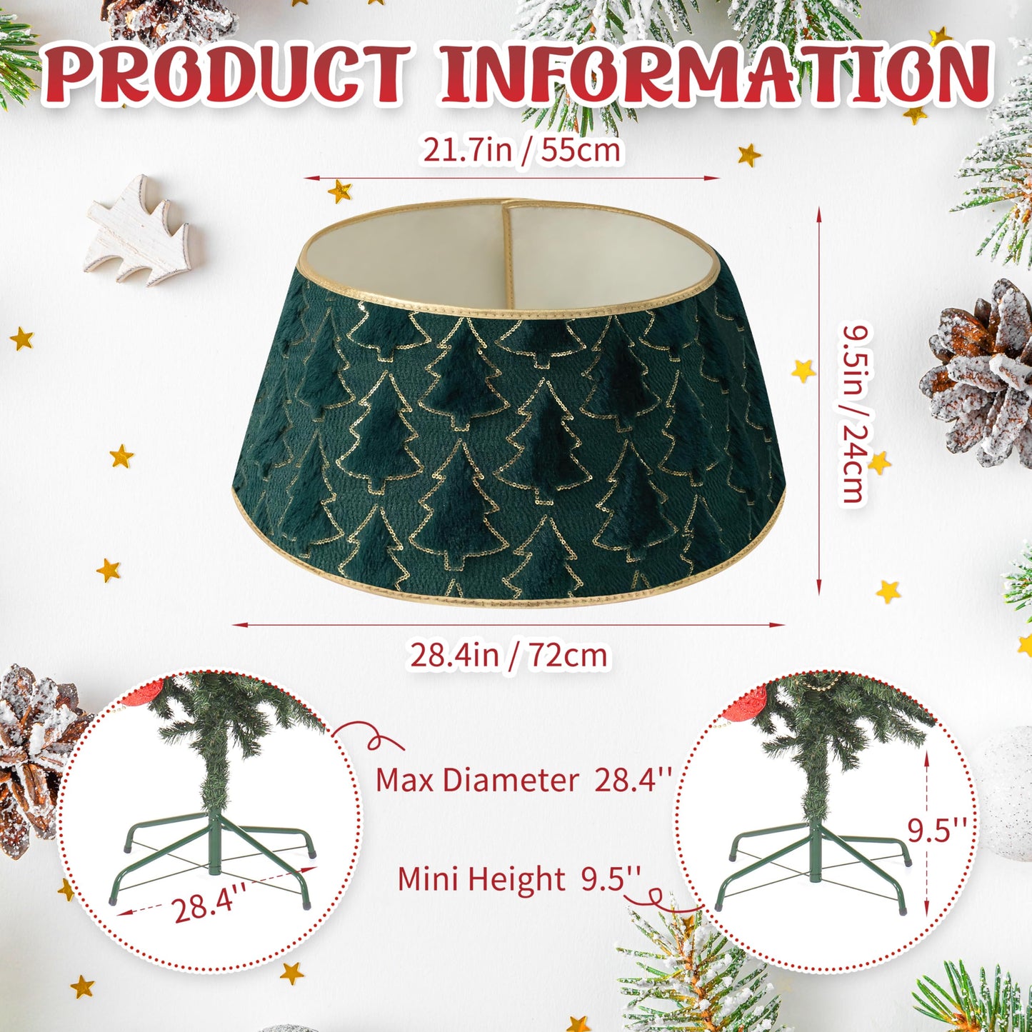 Faux Plush Christmas Tree Collar,Rustic Farmhouse Tree Skirt Ring with Xmas Tree Textured Pattern for Holiday Christmas Indoor Home Decor（Green）