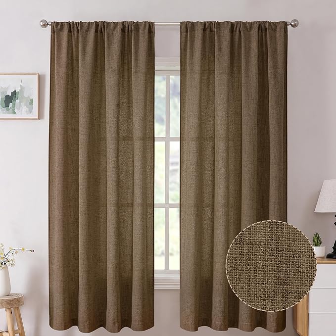 Tollpiz Short Linen Curtain Bedroom Rod Pocket Semi Sheer Curtains Burlap Light Filtering Thick Linen Drape for Living Room, 38 x 54 inches Long, Brown, Set of 2 Panels