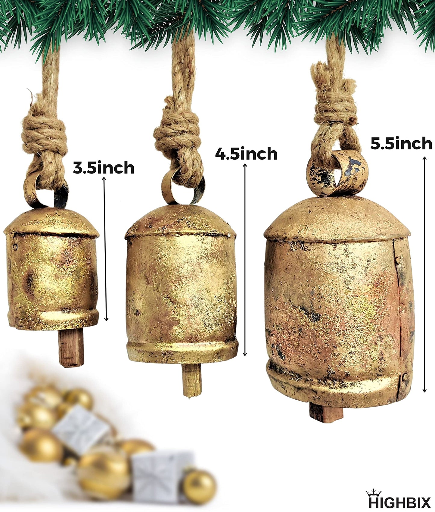 HIGHBIX Set of 3 Giant Harmony Cow Bells Huge Vintage Shabby Chic Handmade Rustic Lucky Christmas Hanging XL Bells On Rope Country Rustic (Small)