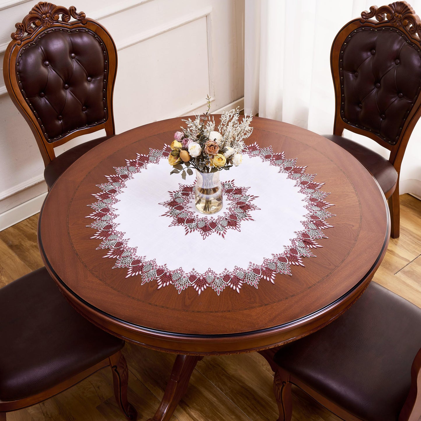 Raedan White Dark Red Linen Lace Doily 33 inches Round Coffee Table Topper Dresser Scarf Place Mats (Dark Red, 33” Round)