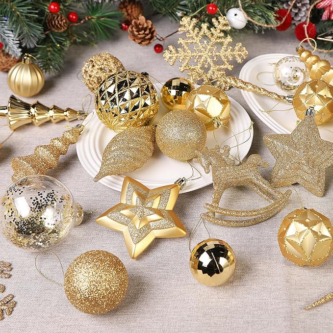 SHareconn 100pcs Christmas Tree Decorations Ornaments Set, Shatterproof Plastic Baubles Decorative Balls for Xmas Tree Decor Holiday Wedding Party, Gold