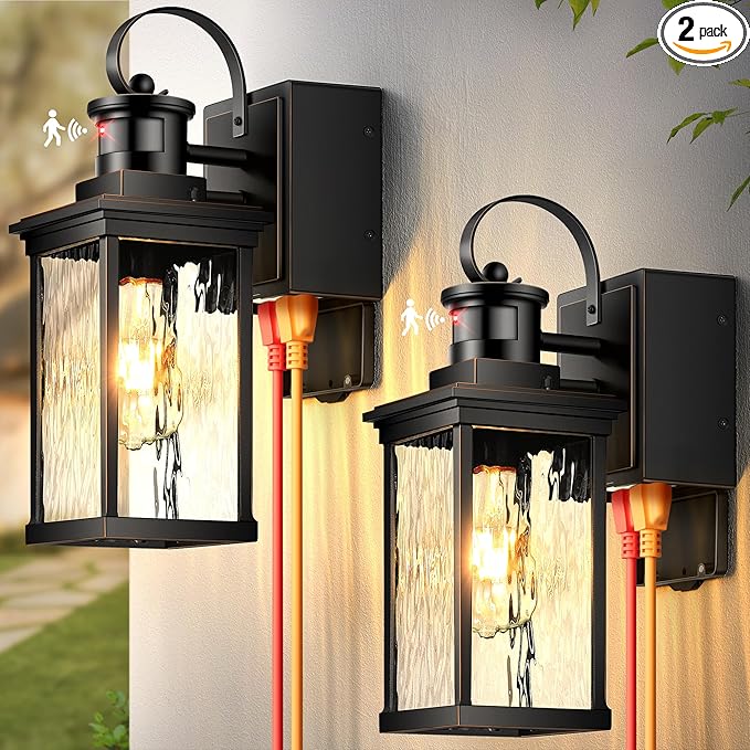 Front Porch Lights Outdoor Wall Mount Sconce with GFCI Outlet, Black Gold Trim Motion Sensor Modern Exterior Garage Lighting Fixtures, 100% Aluminum Waterproof Outside House Lights, 2 Pack