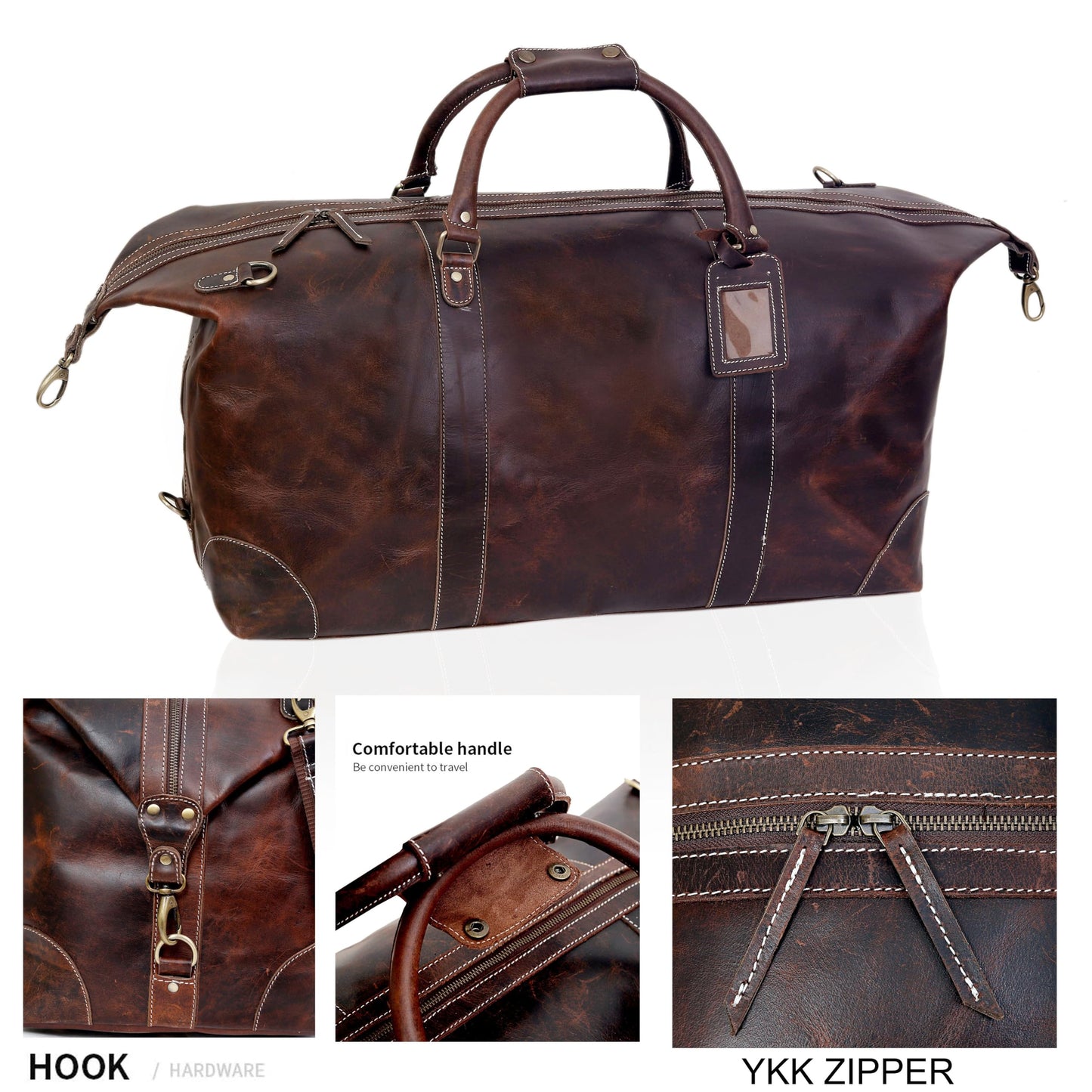 Leather Farm 24 Inch Genuine Buffalo Leather Travel Duffel Bag, Overnight Weekend Bag Sports Gym Duffel for Men, Airplane Under Seat Carry on Bags (Brown)