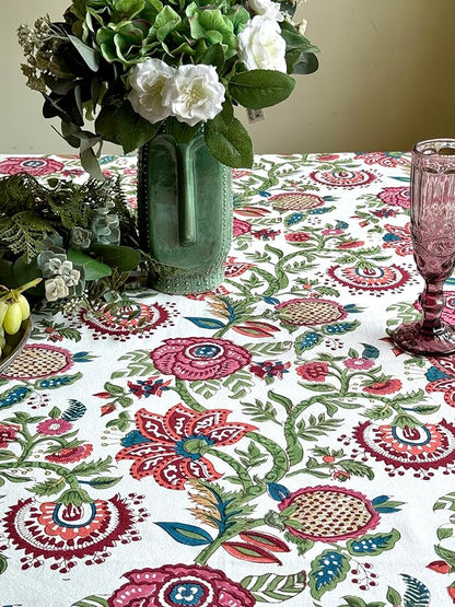 ATOSII Ruby 100% Cotton Rectangle Summer Tablecloth, Block Print Floral Table Cloth for Dining Table, Parties, Weddings, Outdoors Grand Millenial Decor I 60 X 90 Inches I 6 Seater I