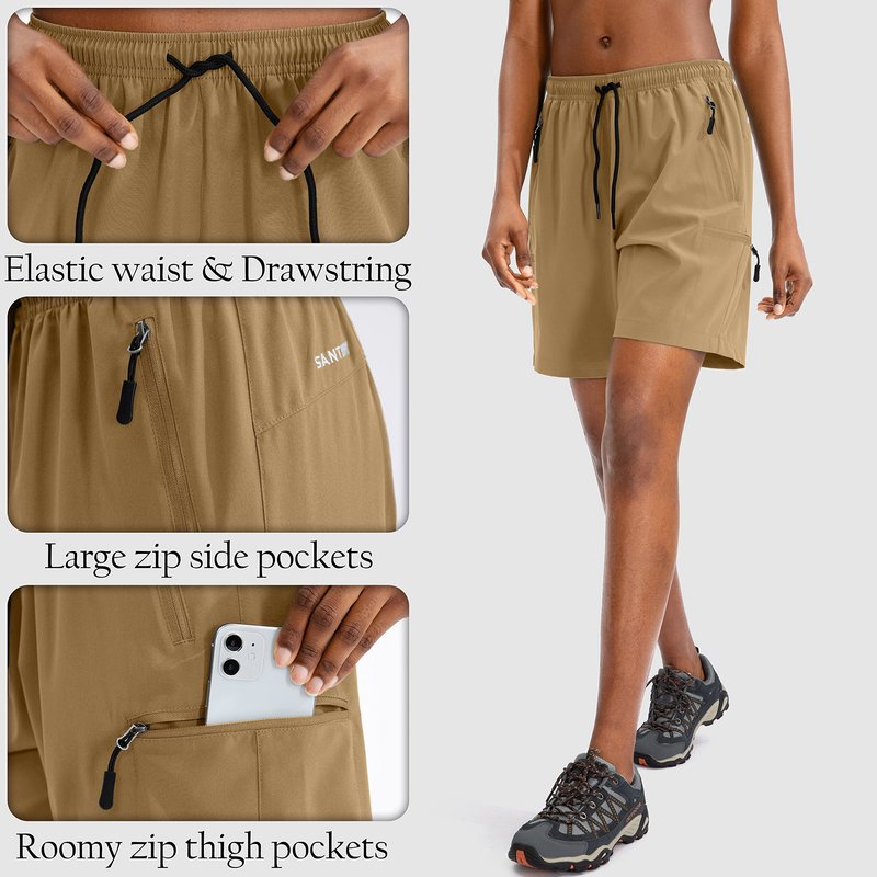 SANTINY Women's 5''/ 7''/9'' Hiking Cargo Shorts Quick Dry Lightweight Summer Shorts for Women Athletic Golf Zipper Pockets(Dark Khaki_M)