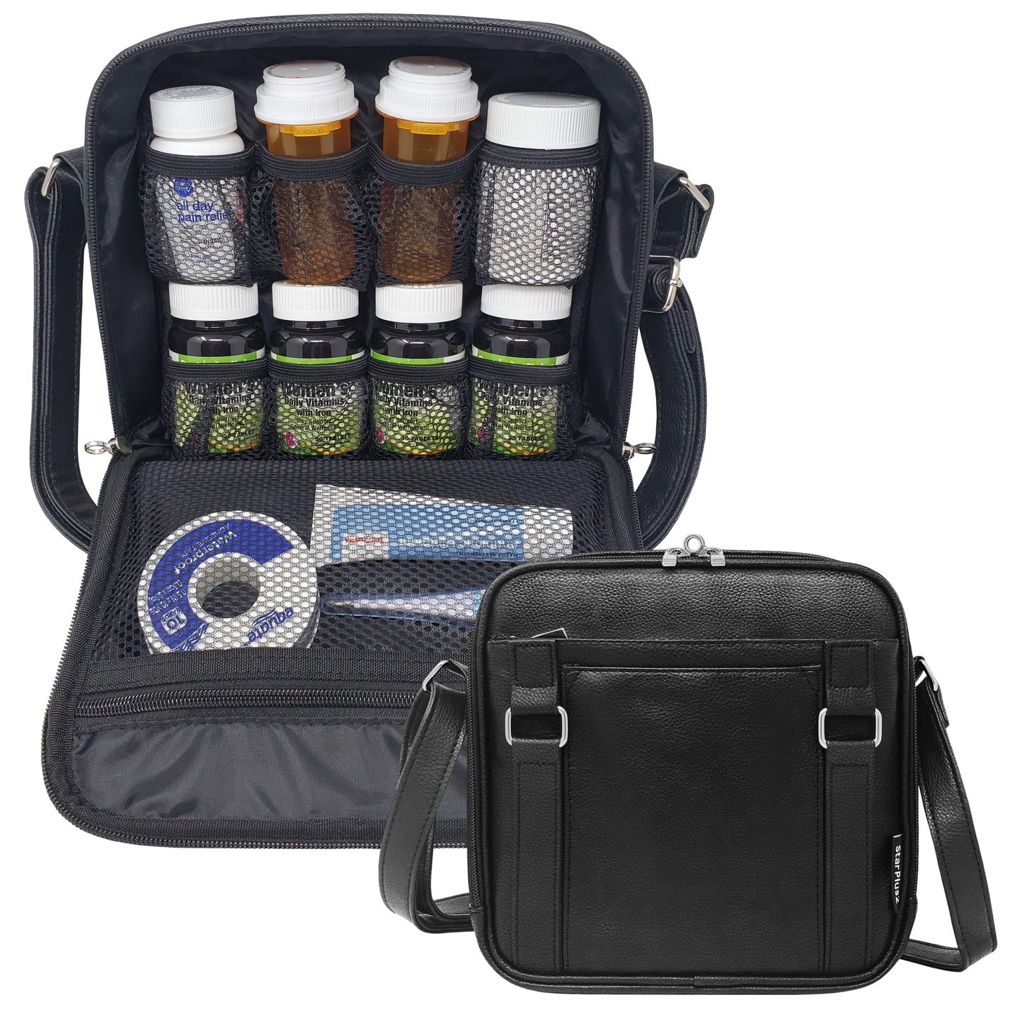 StarPlus2 Medium 2-in-1 Pill Bottle Organizer, Crossbody PU Leather Purse for Women, Medicine Bag, Case, Carrier for Medications, Travel Medicine Organizer, Med Bag - Black (Without Lock)
