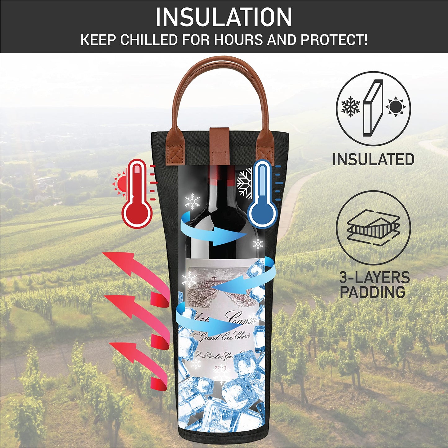 opux Wine Bag Single Bottle Carrier Tote, Insulated Travel Wine Cooler Bag for Picnic Beach Gift, Thermal Padded Portable One Bottle Holder Carrying Case for Women Men Wine Lovers, Black