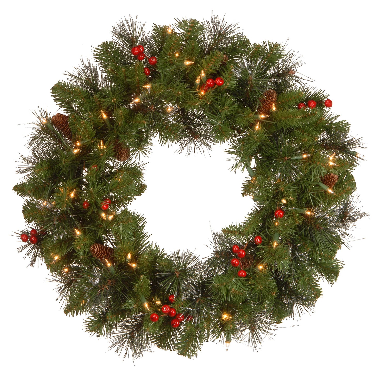 National Tree Company 24 in Pre-Lit Crestwood Spruce Artificial Christmas Wreath, Christmas Decoration with Glitter, Pinecones, Red Berries, 50 Clear Lights, 160 Tips, Green