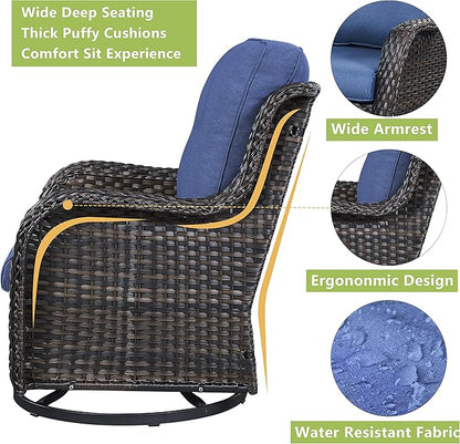 Rilyson Patio Furniture Swivel Chairs Set - 5 PC Wicker Rattan Outdoor Sectional Conversation Sets with 2 Swivel Rocking Chairs,2 Ottomans and 1 Side Table for Porch Deck(Brown/Blue)