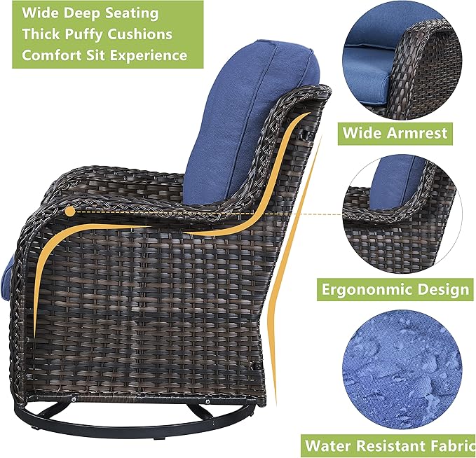 Rilyson Wicker Patio Furniture Set - 7 Piece Rattan Outdoor Sectional Conversation Sets with 4 Swivel Rocking Chairs,2 Ottomans and 1 Sofa for Porch Deck Garden(Brown/Blue)