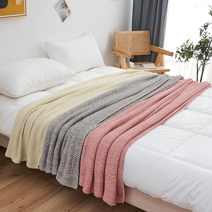 Longhui bedding Dusty Pink Knitted Throw Blanket for Couch, Soft, Cozy Machine Washable 100% Cotton Sofa Knit Blankets, Heavy 2.8lb Weight, 51 x 63 Inches, Pink and White Color, Laundry Bag Included