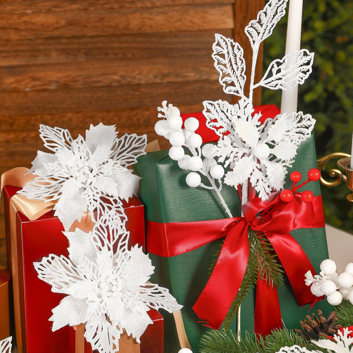 Alupssuc 24 Pcs Artificial Glitter Christmas Tree Picks, Boxed 12 Poinsettia Flowers+ 6 Berry Stems+ 6 Flowers Berry Leaves Decorations Set, Indoor Outdoor Holiday Ornaments Decor, White
