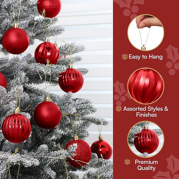 Joiedomi 24 Pcs Red Christmas Balls Ornaments Set, 2.36" Christmas Tree Ornaments Shatterproof, Xmas Balls Hanging Decorations for Tree Wreath Garland Holiday Wedding Indoor Party Decor