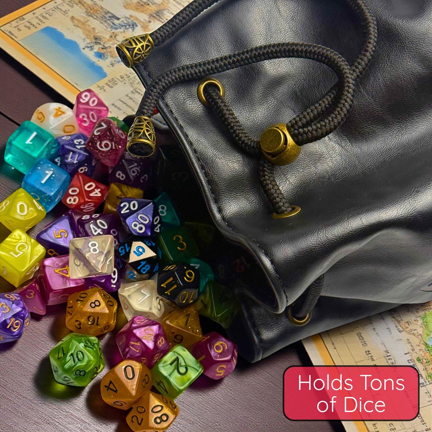 Luck Lab Dice Bag for DnD – Large Velvet-Lined PU Leather Dice Pouch w/ 4 Pockets, Embossed Design & Antique Gold Accents – Durable Dice Organizer for Tabletop RPGs & Game Accessories (Black)