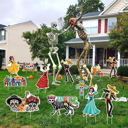 Amyhill 12 Pcs Day of the Dead Yard Decorations Halloween Outdoor Signs Decorations Dia De Los Muertos Decor Sugar Skull Sign Waterproof Mexican Fiesta Festival Party Supplies for Garden Lawn Patio