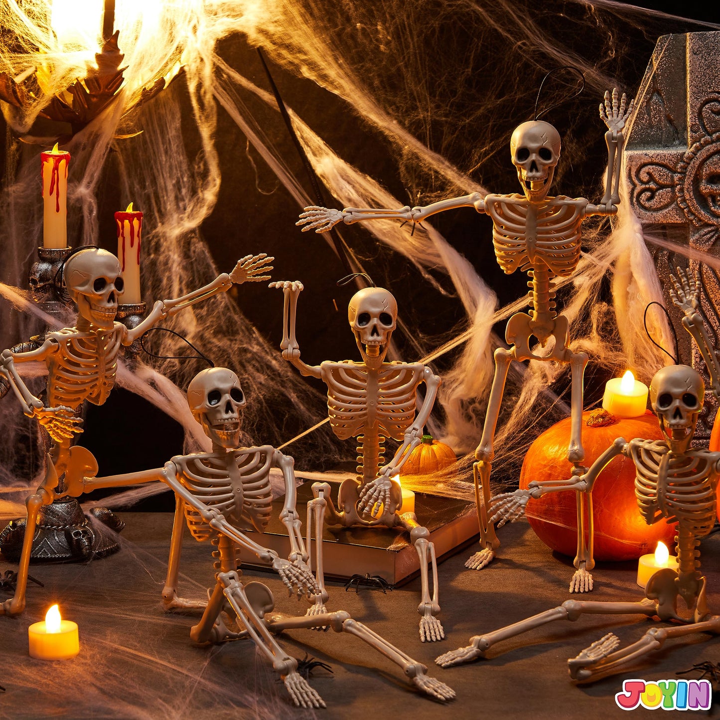 JOYIN 5 PCS Posable Halloween Skeleton Decor 16 Inches, Full Body Posable Joints Hanging Skeletons for Halloween Decorations, Graveyard Props, Haunted House Accessories, Spooky Scene Party Favors