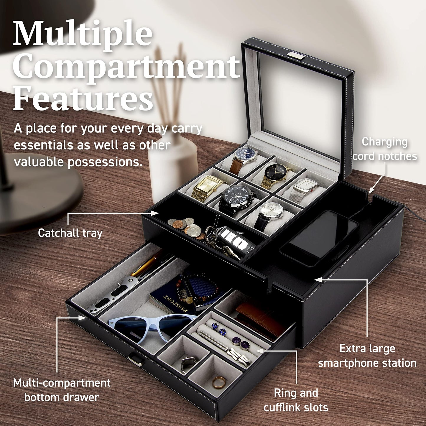HOUNDSBAY Commander Dresser Valet Watch Box Case, Camo Gifts for Men, Mens Jewelry Box Organizer
