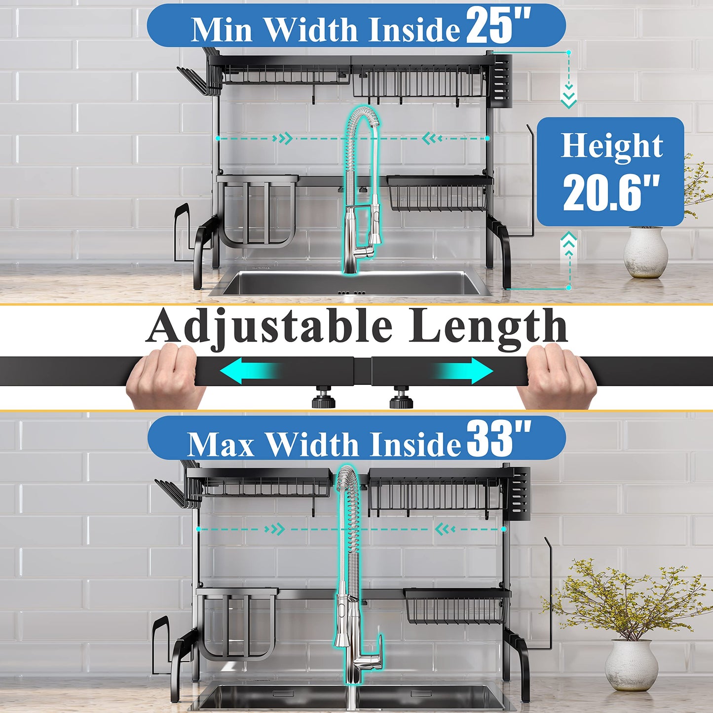 Over The Sink Dish Drying Rack, Adjustable (25.5 to 33.5 inch) 2 Tier Dish Drying Racks for Kitchen Counter with Paper Towel Holder Cup Utensil Holder ChoppingBoard Holder Sink Caddy Hooks, Black