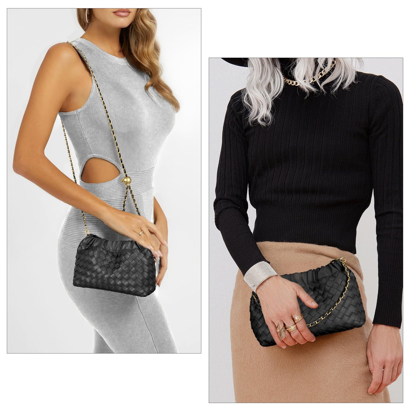 Joryin Woven Women's Crossbody Bag & Evening Purse, Trendy Dumpling Clutch & Hobo Cloud Shoulder Bag Trendy Dumpling Clutch Vegan Leather, Black