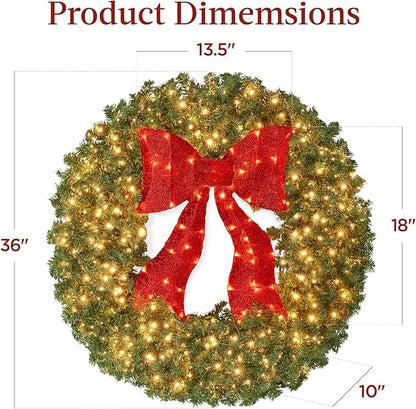 Best Choice Products 36in Large Artificial Pre-Lit Fir Christmas Wreath Holiday Accent Decoration for Door, Mantel w/Red Lighted Bow, 150 LED Lights, 300 PVC Tips, Power Plug-in