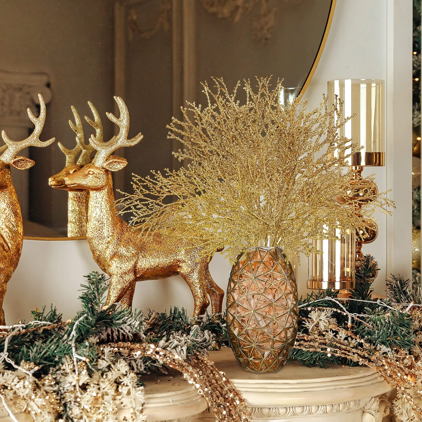 15 Pcs Gold Glitter Artificial Cedar Sprigs Picks Faux Cedar Branches Stems Christmas Tree Picks Sprays 15.4" H for Gold Christmas Tree Wreath Wedding Bouquet Winter Seasonal Holiday Decoration