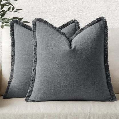 MIULEE Decorative Throw Pillow Covers Neutral Linen Fringe Throw Pillows Euro Shams Set of 2 Dark Grey Boho Farmhouse Cushion Covers for Couch Sofa Bed Living Room Spring Home Decor 24x24 Inch