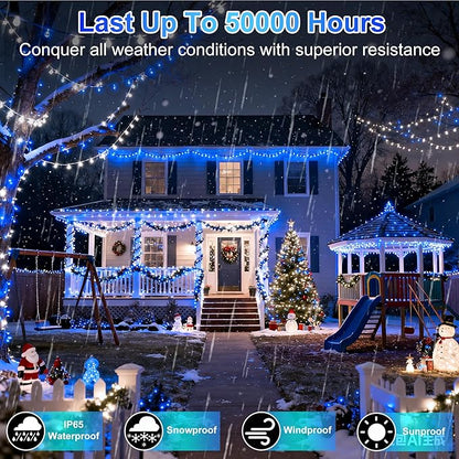 340 LED 90FT Christmas String Lights Outdoor, 12 Pro Modes and Timer Memory & Brightness, Plug in Outdoor Waterproof Clear Wire Twinkle Light for for Xmas Yard Tree Wedding Party Decor (Blue & White)