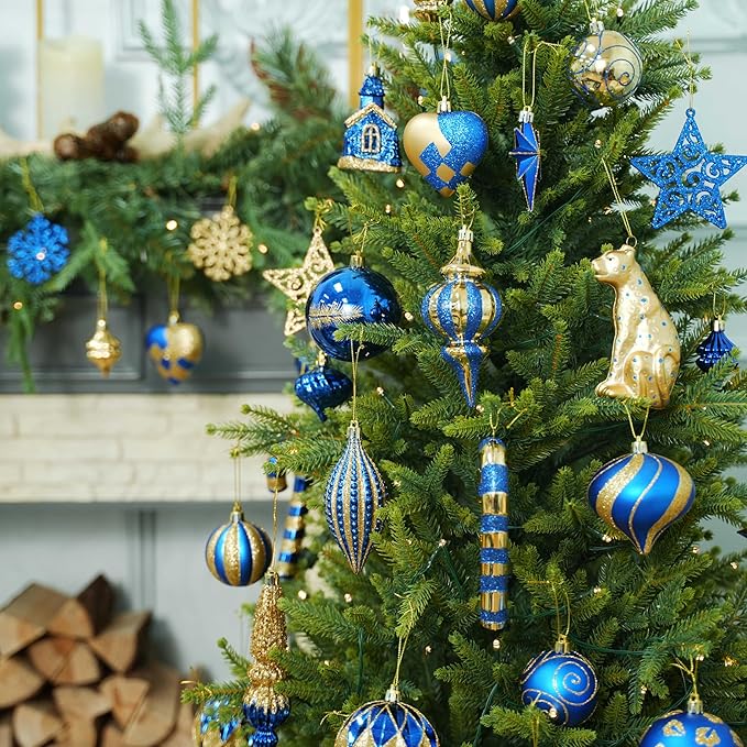 SHareconn 145pcs Christmas Balls Ornaments Set, Shatterproof Plastic Baubles Snowflakes, Stars and Tree Topper for Xmas Tree Holiday Wedding Party Decorations with Hanging Strings, Gold and Blue