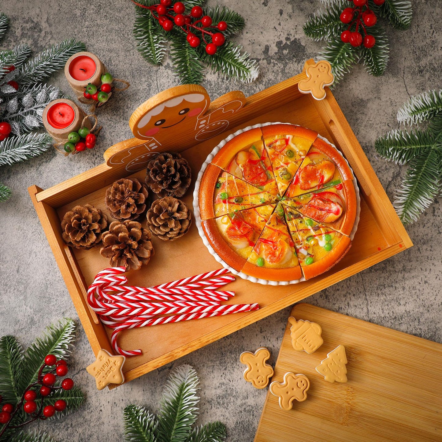Sliner Christmas Wood Serving Tray with Handles 13.31 x 9.25 Gingerbread Man Christmas Cookie Platter Xmas Decorative Wooden Plate Food Display Dishes for Kitchen Coffee Table