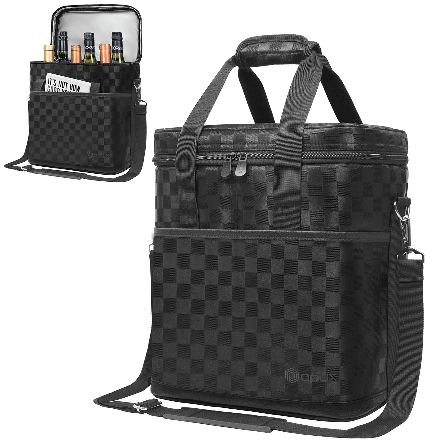 opux 6 Bottle Carrier Tote | Insulated Padded Wine Cooler Bag for Travel. Picnic, BYOB | Portable Leakproof Wine Tote Bag for Dinner, Party, Christmas, Wine Gift for Women, Men (Black Square)