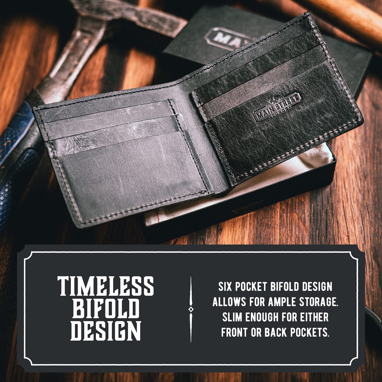 Main Street Forge Bifold Leather Wallet For Men | Made in USA | Mens Bifold Wallets | American Made | Charred Oak