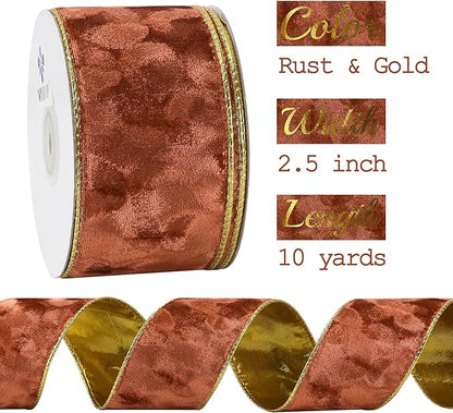 MEEDEE Copper Velvet with Gold Back Double Sided Christmas Wired Ribbon 2-1/2 inch 25 Yards Fall Velvet Ribbon for Christmas Tree, Wreaths, Crafts Bow, Garlands, Gift Wrapping, Seasonal Decorations