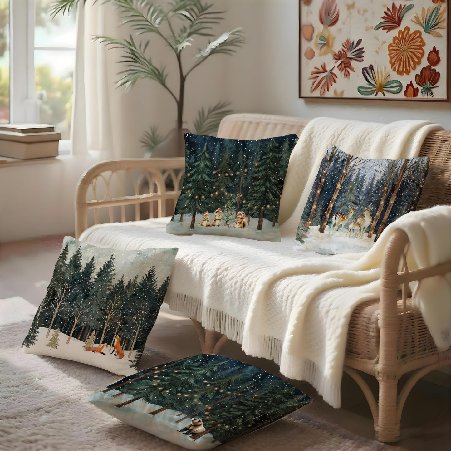 Nipil Christmas Winter Reindeer Squirrel Fox Bear Forest Pillow Covers 18x18 Set of 4,Rustic Christmas Xmas Animal Forest Winter Decorative Throw Pillow Covers for Home Bedroom Living Room