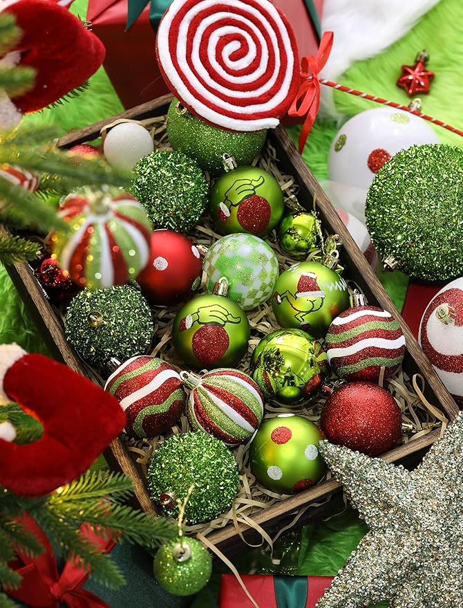 16Pcs Christmas Ball Ornaments Lime Green Red and White Christmas Tree Decorations Set 2.36" Shatterproof Plastic Ornaments for Tree, Hanging Xmas Décor for Office Holiday Home Indoor&Outdoor