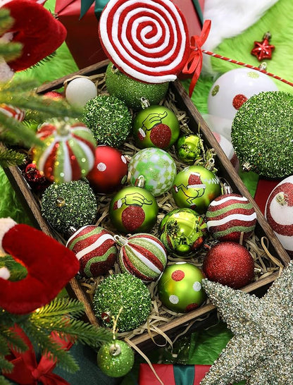 16Pcs Christmas Ball Ornaments Lime Green Red and White Christmas Tree Decorations Set 2.36" Shatterproof Plastic Ornaments for Tree, Hanging Xmas Décor for Office Holiday Home Indoor&Outdoor