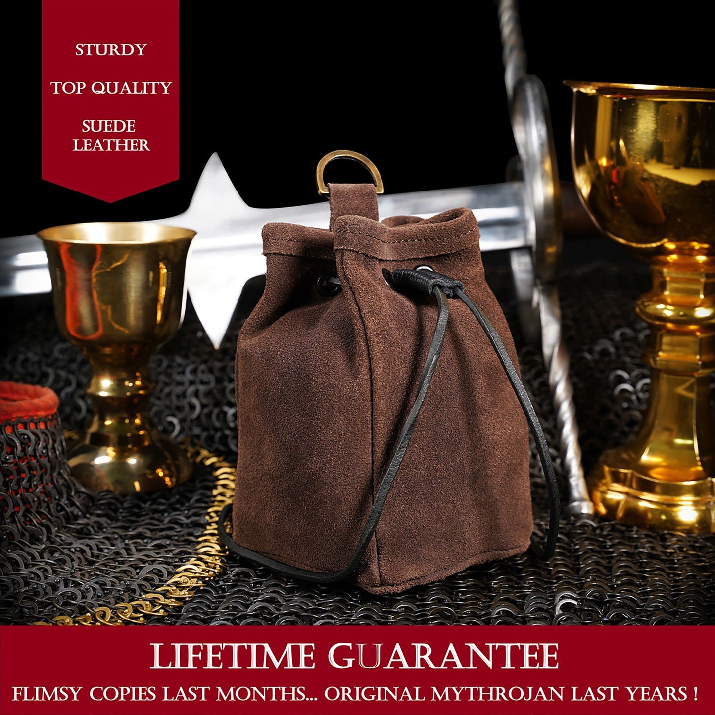 Medieval Drawstring Belt Pouch Medeival Suede Leather Bag Renaissance Waist Purse LARP Cosplay Costume Accessories Jewelry Coin Pouch - Chocolate Brown, 6.5" x 4"