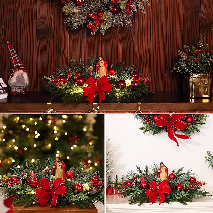 MOONET Christmas Table Centerpiece with LED Lights, Red Plastic Jesus Pine Needle Ornament, Red Berry, Christmas Balls for Holiday Party, Home, Fireplace