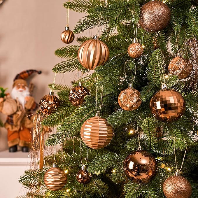 JORNOY Christmas Tree Ornaments Set, 47 Pack Assorted Shatterproof Hanging Balls Decorations, Plastic Bulbs Bulk with Lanyard for Home Holiday Party Decor, 3-Sizes (Caramel)