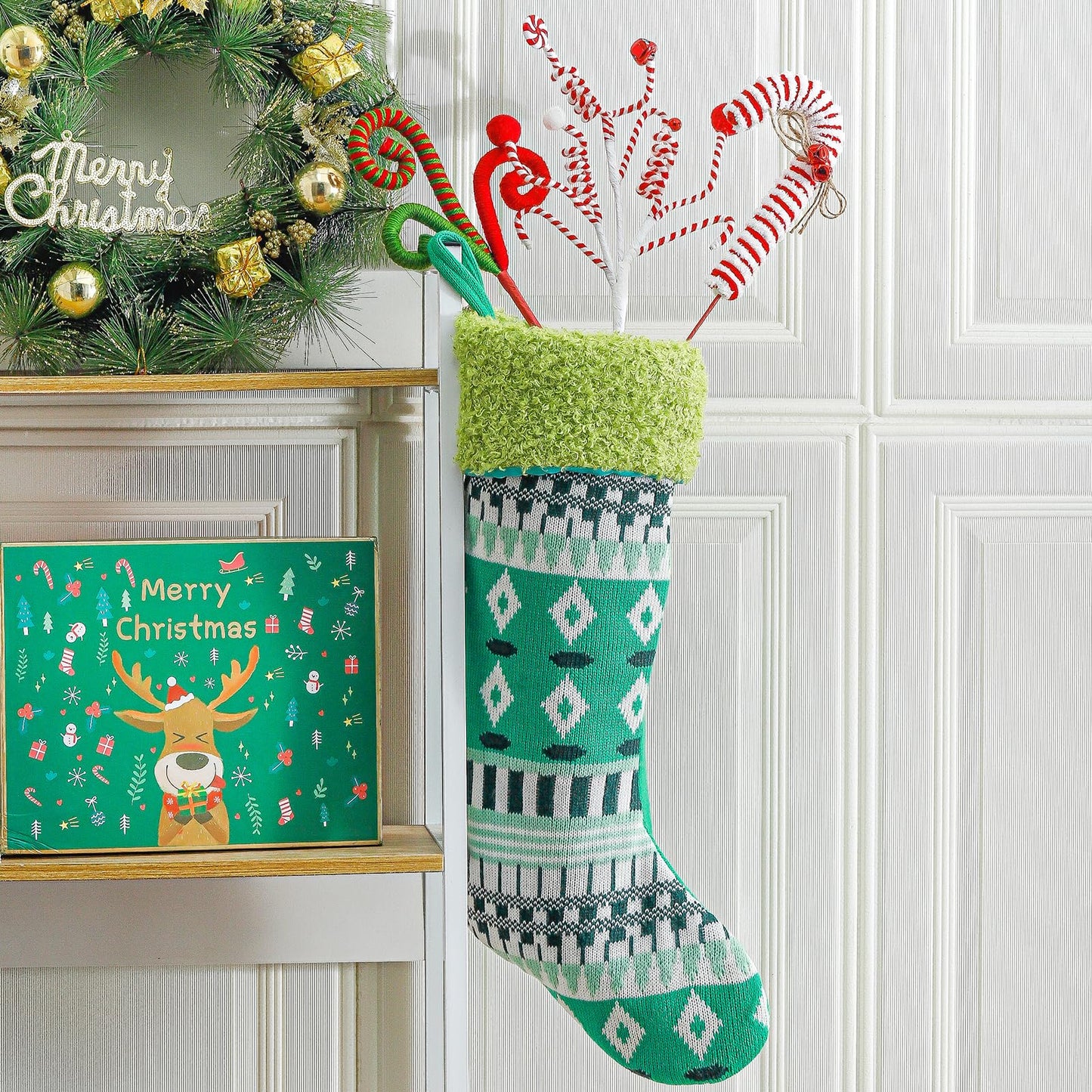 ZHANYIGY 6PC Set Red/Green Christmas Tree Decorations Picks Christmas Woolen Candy Curly Pick, Christmas Tree Toppers Decorations Home Office Vase Party Ornaments (Green)