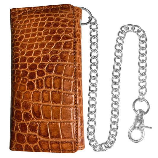 IBRO Motorcycle Chain Wallet for Men – Premium Cowhide Leather, RFID Tri-Fold Biker Wallet with Heavy Duty Chain for Bikers Truckers & Hunters, Credit Card Money Organizer Long Wallet Crocodile Brown