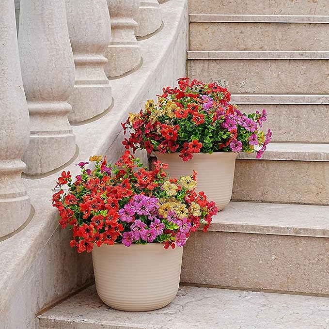 Outdoor Artificial Flowers, 12 Bundles Fake Flowers Summer Decoration, No Fade Faux Plastic Shrubs for Garden Patio Porch Window Box Decor (Mix 4 Color)
