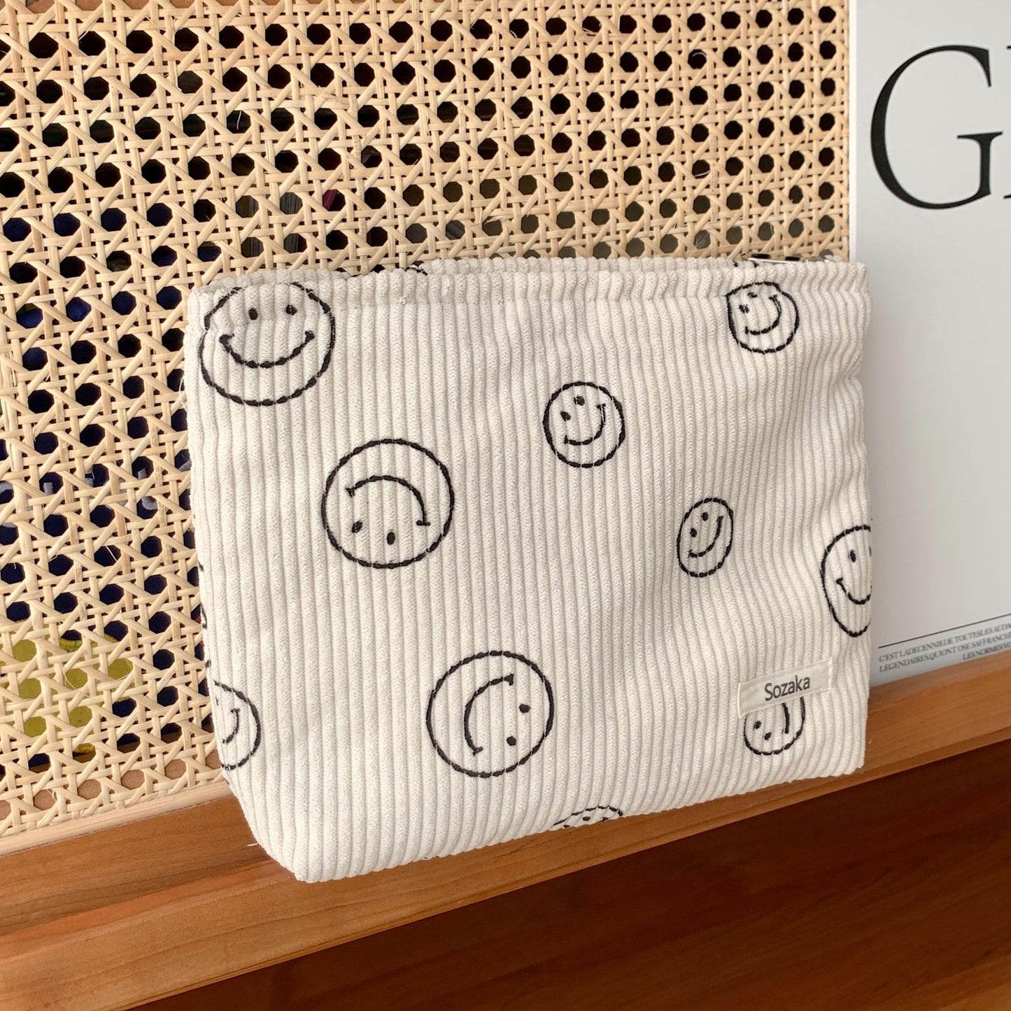 Gardsell Cosmetic Bags for Women - Corduroy Cosmetic Bag Aesthetic Women Handbags Purses Smile Dots Makeup Organizer Storage Makeup Bag Girls Case Bags (A-Beige)