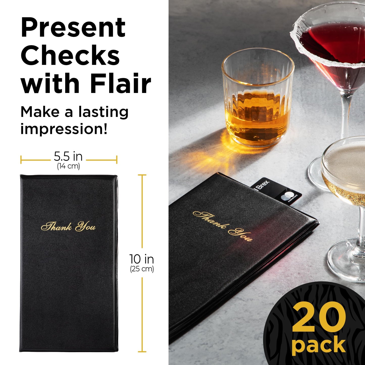 Gold Lion Gear Restaurant Check Presenters - Guest Check Card Holder with Gold Thank You Imprint - 5.5" x 10" Black 20 Pack, Standard Server Book - Waitress Book