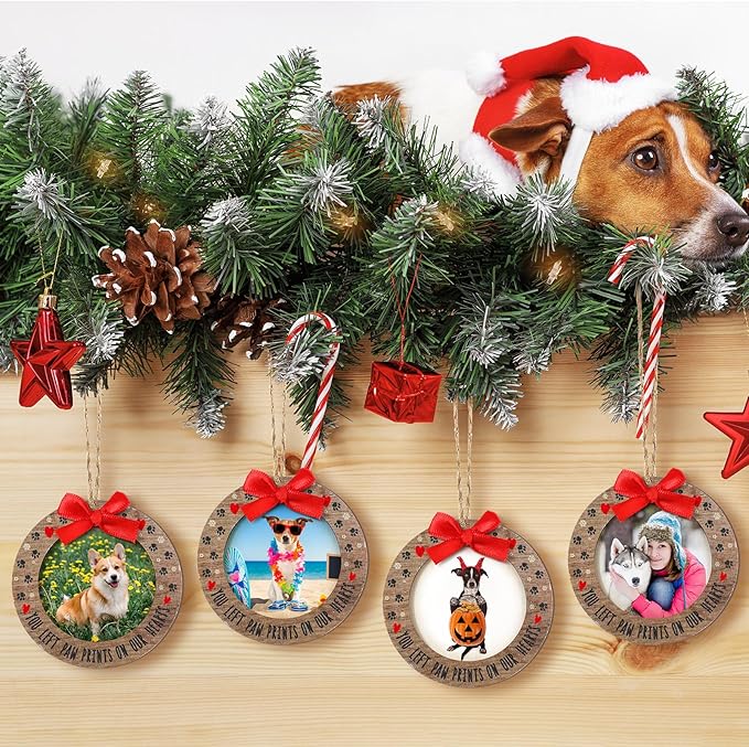 Blulu 24 Pcs Christmas Pet Picture Frames Wooden Dog Paw Memorial Photo Ornaments Snowflake Christmas Tree Decorations Pet Sympathy Gifts
