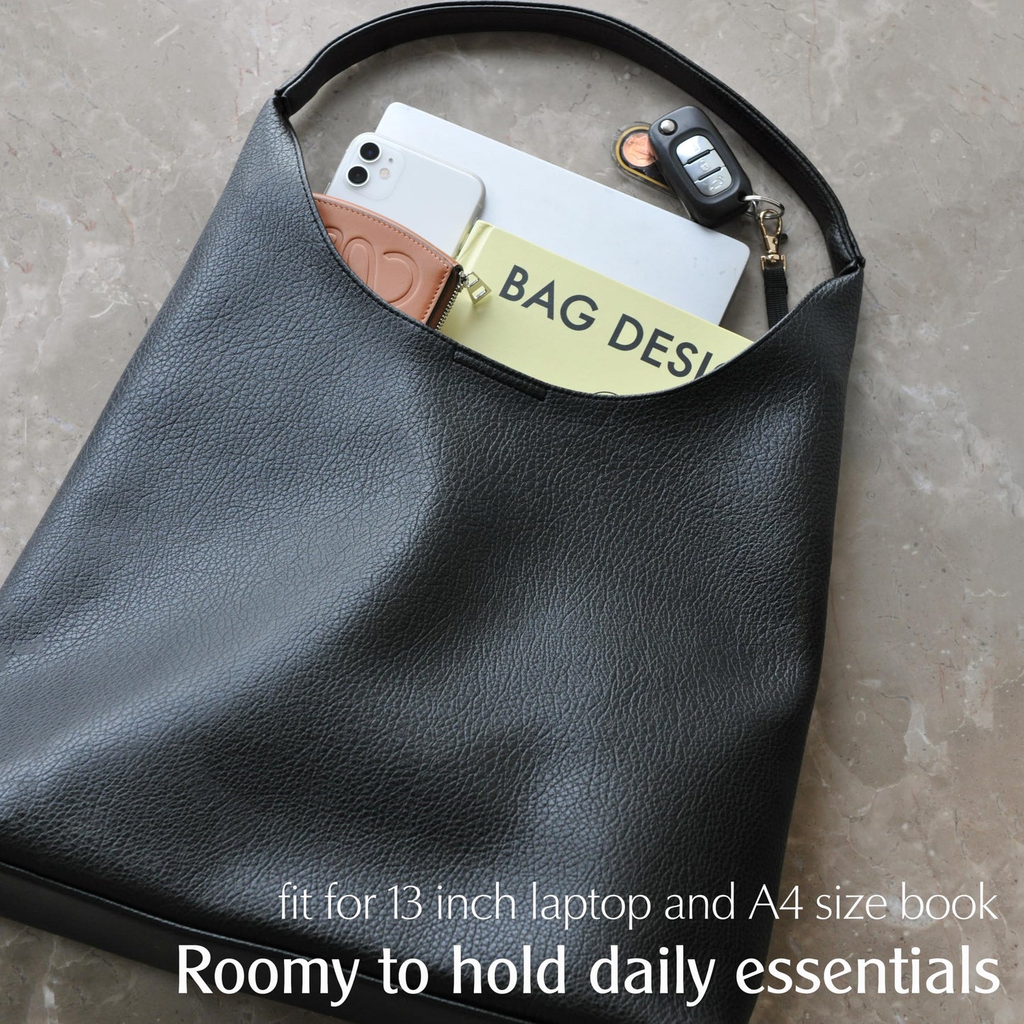 Hobo Bags for Women Soft Vegan Leather Shoulder Handbag Slouchy Tote Purses (Black)
