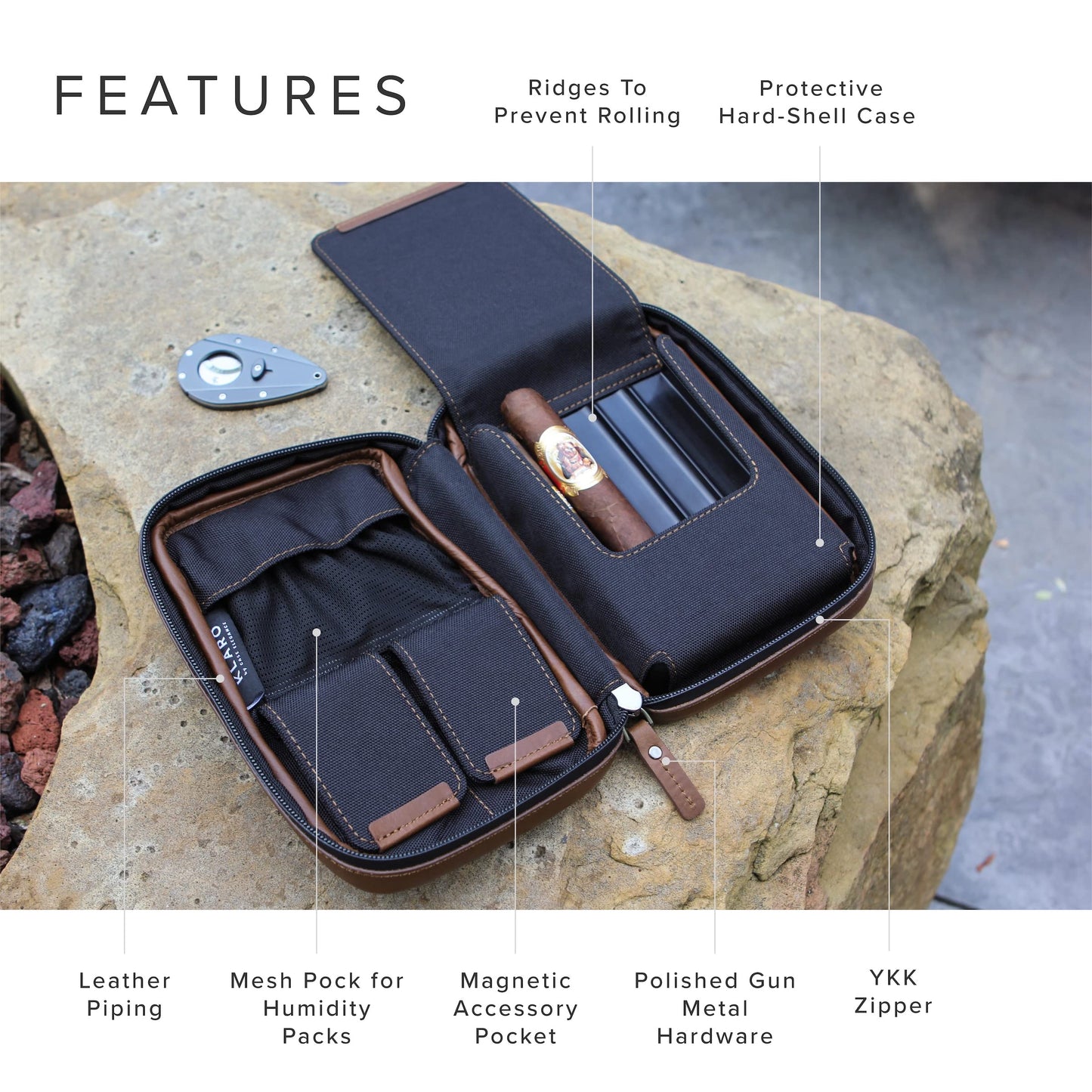 CASE ELEGANCE Klaro Travel Leather Cigar Case, 5 Cigar Storage, 2 Accessory Pockets, Humidification Pocket, Internal Hard-Shell Protection - Brown