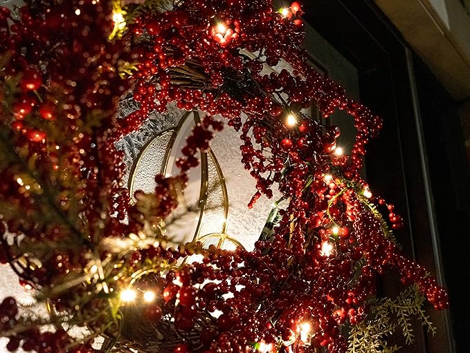 Red Co. 22” Light-Up Christmas Wreath with Red Cranberries, Battery-Operated LED Lights with Timer