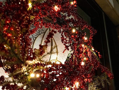 Red Co. 22” Light-Up Christmas Wreath with Red Cranberries, Battery-Operated LED Lights with Timer