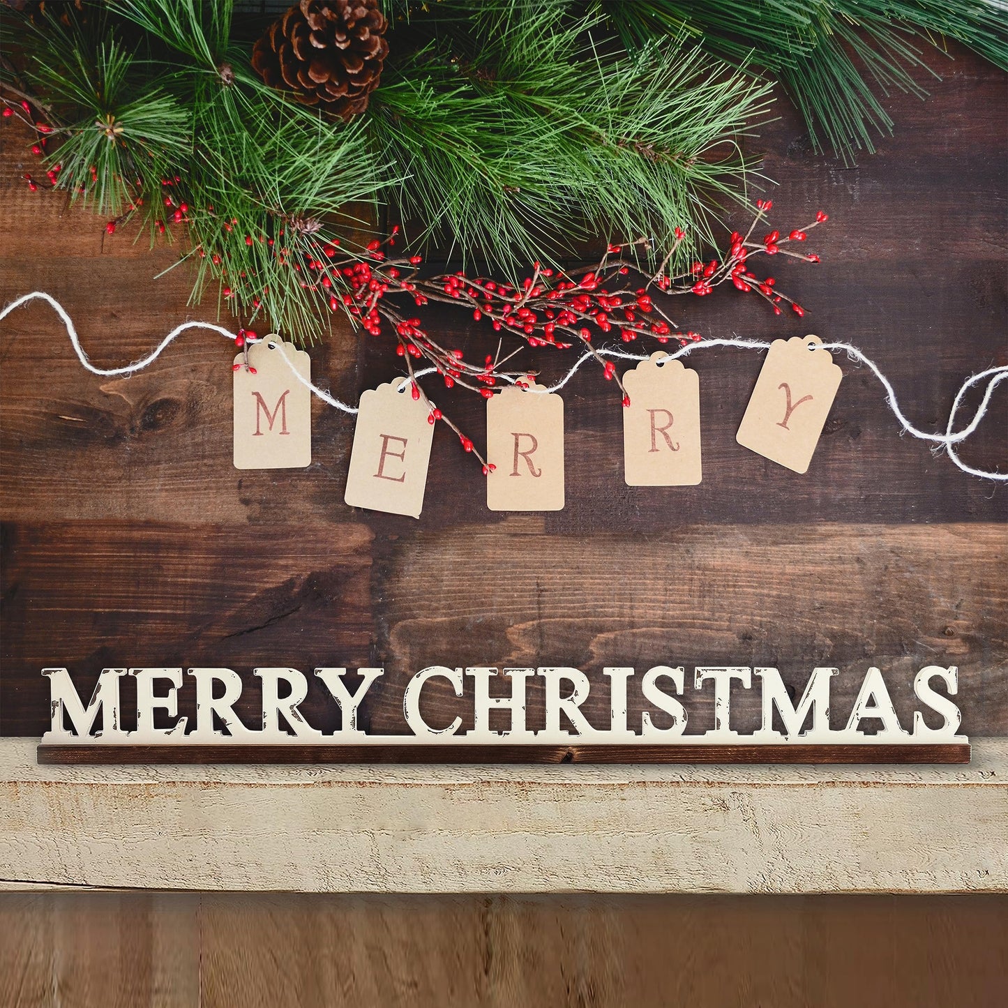 Farmhouse Merry Christmas Signs for Home Decor 36 inch, Handmade Distressed Finish White Winter Decor Christmas Wood Signs, Rustic Long Xmas Sign for Tabletop Shelf Mantle Living Room Bedroom