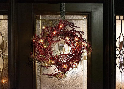 Red Co. 22” Light-Up Christmas Wreath with Red Cranberries, Battery-Operated LED Lights with Timer